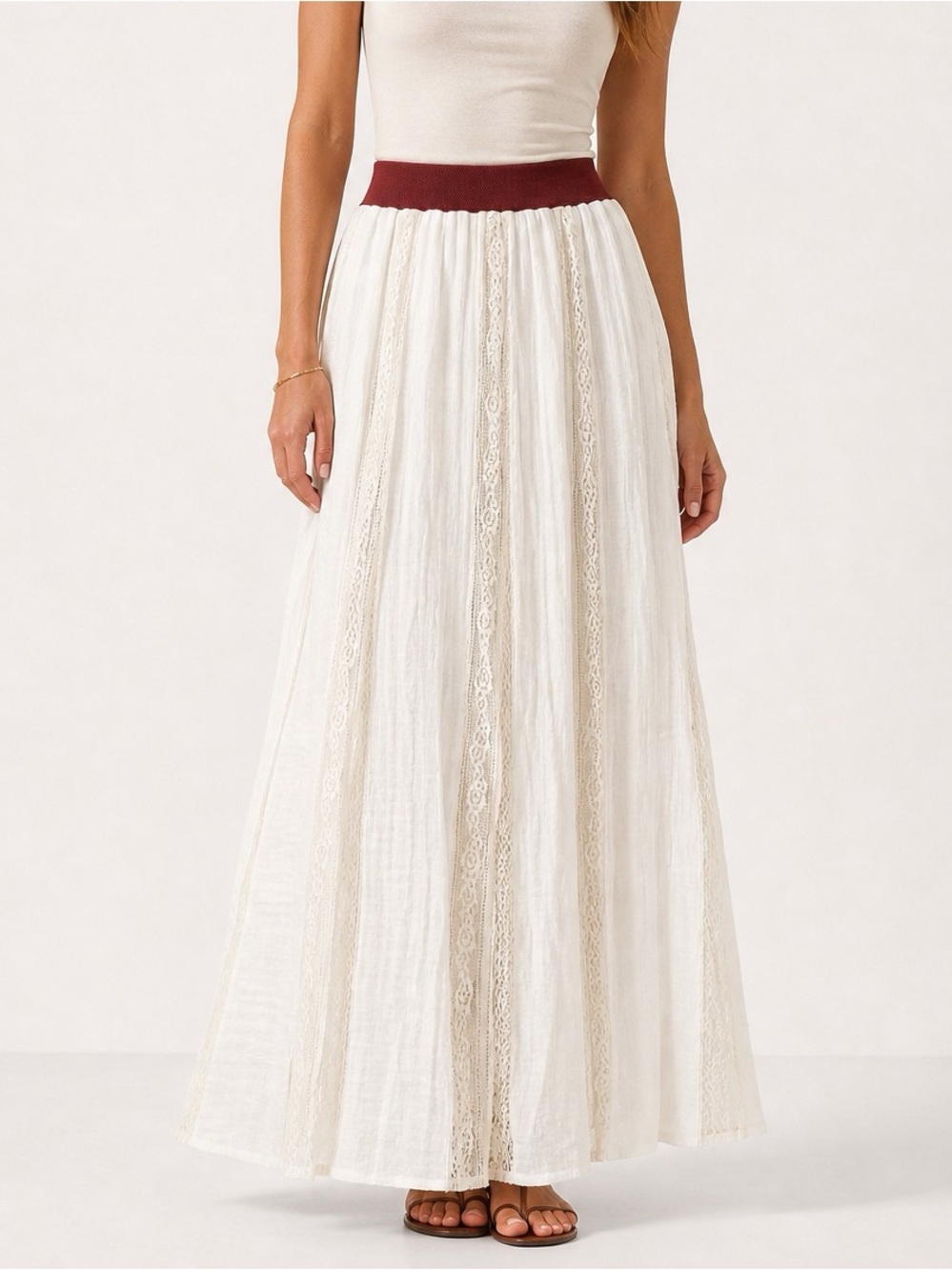 Boho White Lace Panel Pull-on Maxi Skirt. Festival Romantic Cottagecore XS